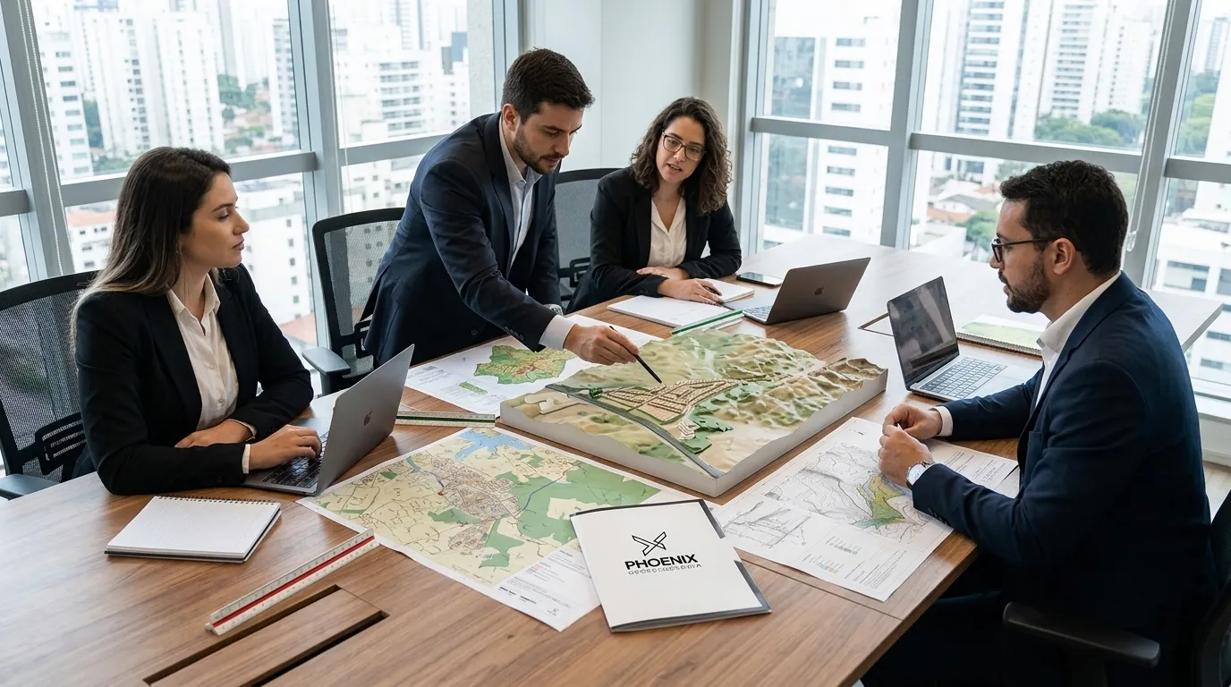 Equipe técnica analisando mapas temáticos durante revisão do plano diretor municipal.