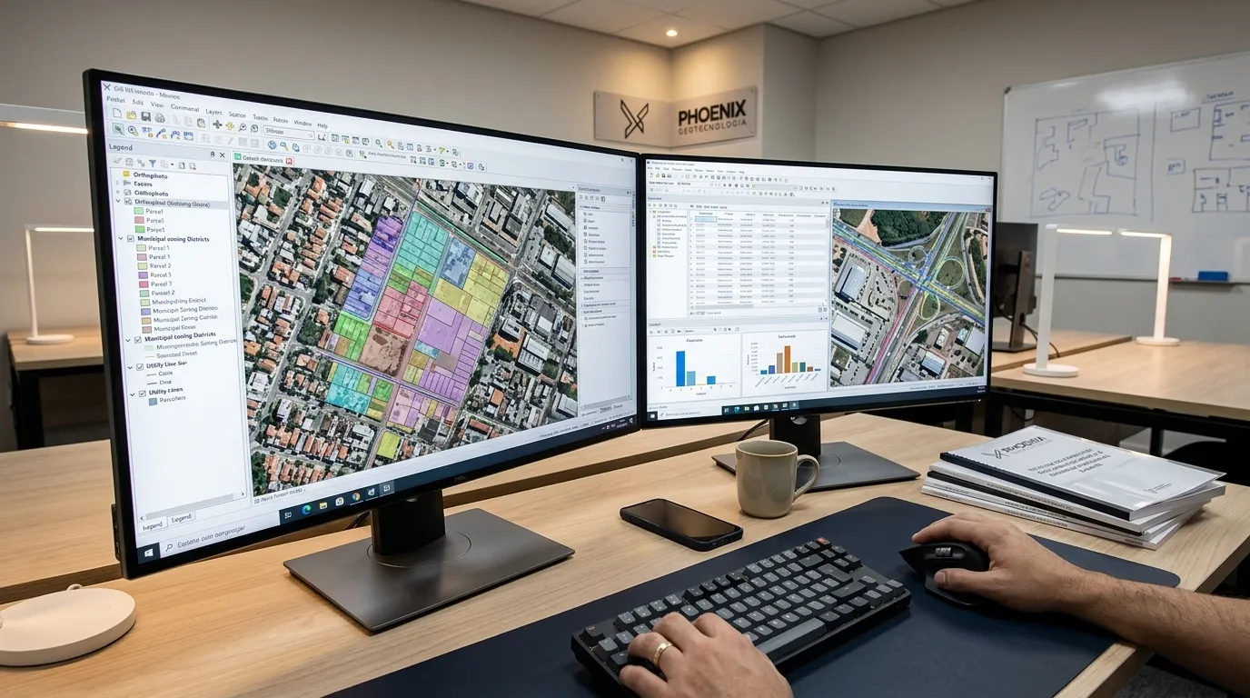 Software de geoprocessamento estruturando camadas do cadastro imobiliario municipal.