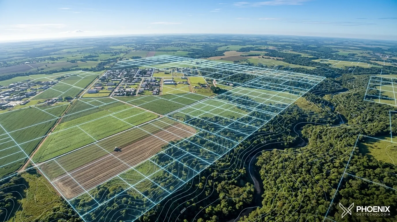 Vista aérea com técnicas de geoprocessamento mapeando divisões territoriais e áreas preservadas.