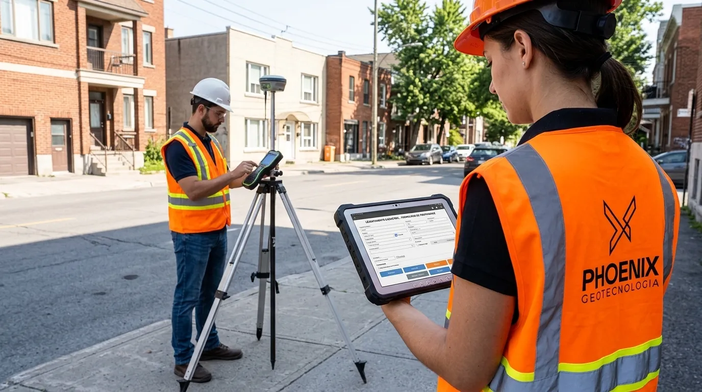 Equipe técnica realizando vistoria urbana para atualização do boletim de cadastro imobiliário com tablet.
